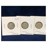 three 1949, D &S -USA Roosevelt Silver 10 Cent Pcs