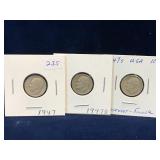 three 1947, D &S -USA Roosevelt Silver 10 Cent Pcs
