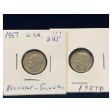 Two 1957 & 56 D -USA Roosevelt Silver 10 Cent Pcs