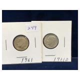 Two 1961 & 61 D -USA Roosevelt Silver 10 Cent Pcs