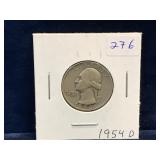 1954 D - USA Washington Silver 25 Cent Piece