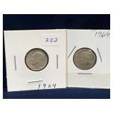 Two 1964 & 64 D -USA Roosevelt Silver 10 Cent Pcs