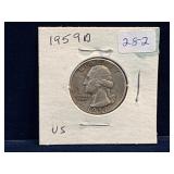 1959 D - USA Washington Silver 25 Cent Piece