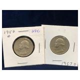 Two 1957 D - USA Washington Silver 25 Cent Pieces