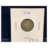 1913 - USA Barber Silver 10 Cent Piece