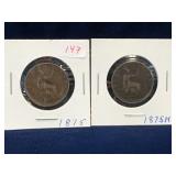 Two 1875, 1875 H - UK Half Penny coins
