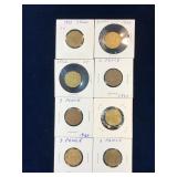 8 assorted 1943, to 1967  UK 3 Pence coins