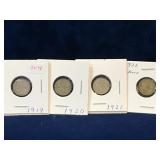 1919, 20, 21, 22 UK Silver 3 Pence coins