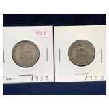 1927, 1928 UK Silver Shilling Coins