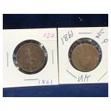 two 1861 - UK Half Penny coins