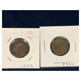 Two - 1850 and 1951 UK  Farthing coins
