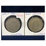 two 1956, 1957 UK Nickel Half Crown Coins