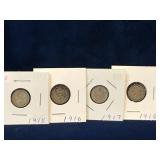 1915, 16, 17, 18  UK Silver 3 Pence coins