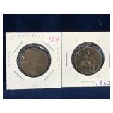 two 1861 & 1862 - UK Half Penny coins
