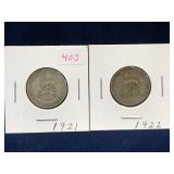 1921,  1922 UK Silver Shilling Coins