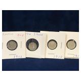 1912, 12, 13, 14  UK Silver 3 Pence coins