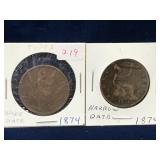 two 1874 UK Pennies wide date and narrow date