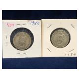 1933, 1934 UK Silver Shilling Coins