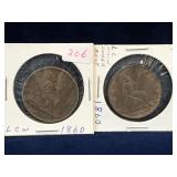 two 1860 UK Pennies