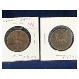 Two 1874, 1874 H - UK Half Penny coins