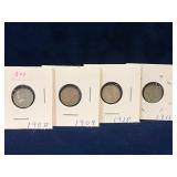1908, 09, 10, 11 UK Silver 3 Pence coins