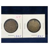 1885 - UK Half Penny coins, 1 has a hole in it