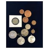 6 UK  assorted coins, 5 commemorative medals