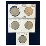 1969, 70, 73, 77, 2001 UK 50 Pence Coins