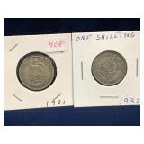1931, 1932 UK Silver Shilling Coins