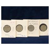 1930, 32, 32, 33 UK Silver Six Pence Coins