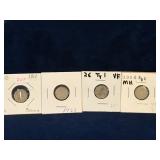 1922, 25, 26, 26 UK Silver 3 Pence coins