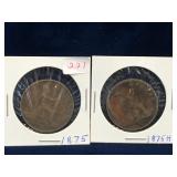 two 1875 & 75 H -  UK Pennies