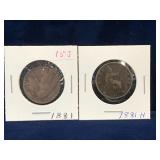Two 1881, 1881 H - UK Half Penny coins