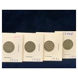 1934, 35, 36, 41 UK Silver Six Pence Coins