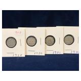 1928, 30, 31, 32 UK Silver 3 Pence coins