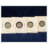 1928, 30, 31, 32 UK Silver 3 Pence coins