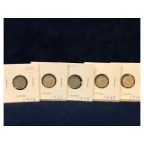 1936,  37, 38, 39, 40 UK Silver 3 Pence coins