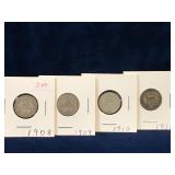 1908, 09, 10, 11 UK Silver Six Pence Coins