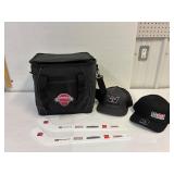 Cooler. Mini hockey sticks. Caps.