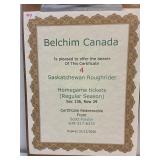 Saskatchewan Roughrider Tickets Certificate