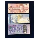 1986, 2006, 2017  Canadian $2, 5, 10 Bank Notes