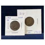 two 1903 USA Indian Head Pennies