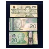 1991, 2004, 2015 Canadian $20 Bank Notes