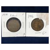 two 1906 Canadian Large Pennies