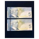 2 in sequence 1986 Canadian $5 Bank Notes