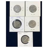 1973, 74, 74, 75, 77 Canadian Quarters
