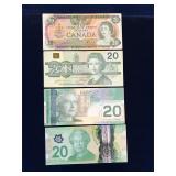 1979, 91, 2004, 15 Canadian $20 Bank Notes