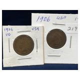 two 1906 USA Indian Head Pennies