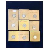 nine 1944- 52  Canadian Silver Ten Cent Pieces