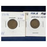 two 1908 USA Indian Head Pennies